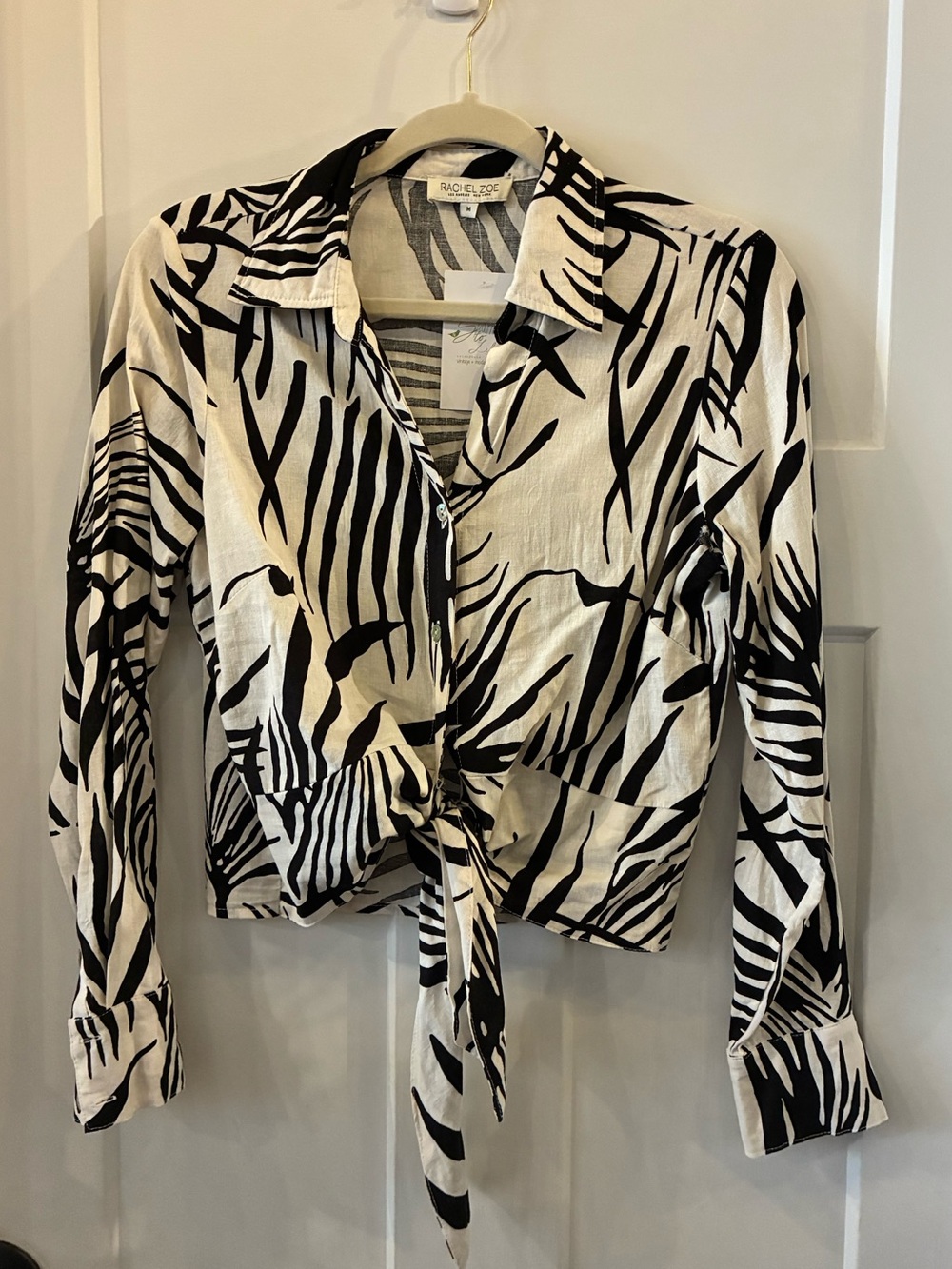 Rachel Zoe Black & White Zebra-Print Tie Front Button-Down Shirt